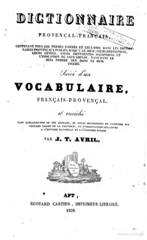 Dictionnaire Provençal-Français suivi d'un Vocabulaire