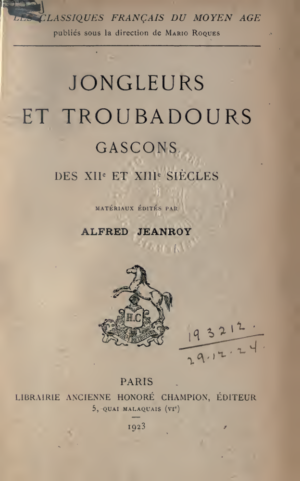 Jongleurs et troubadours gascons des XIIe et XIIIe siècles